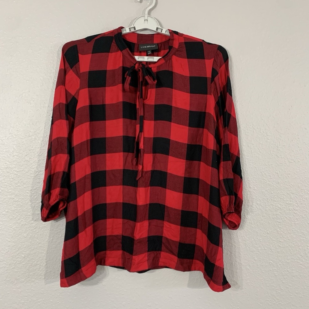 LANE BRYANT Women's Plus Size 24 Tunic Top Red Black‎ Buffalo Check Plaid Tie